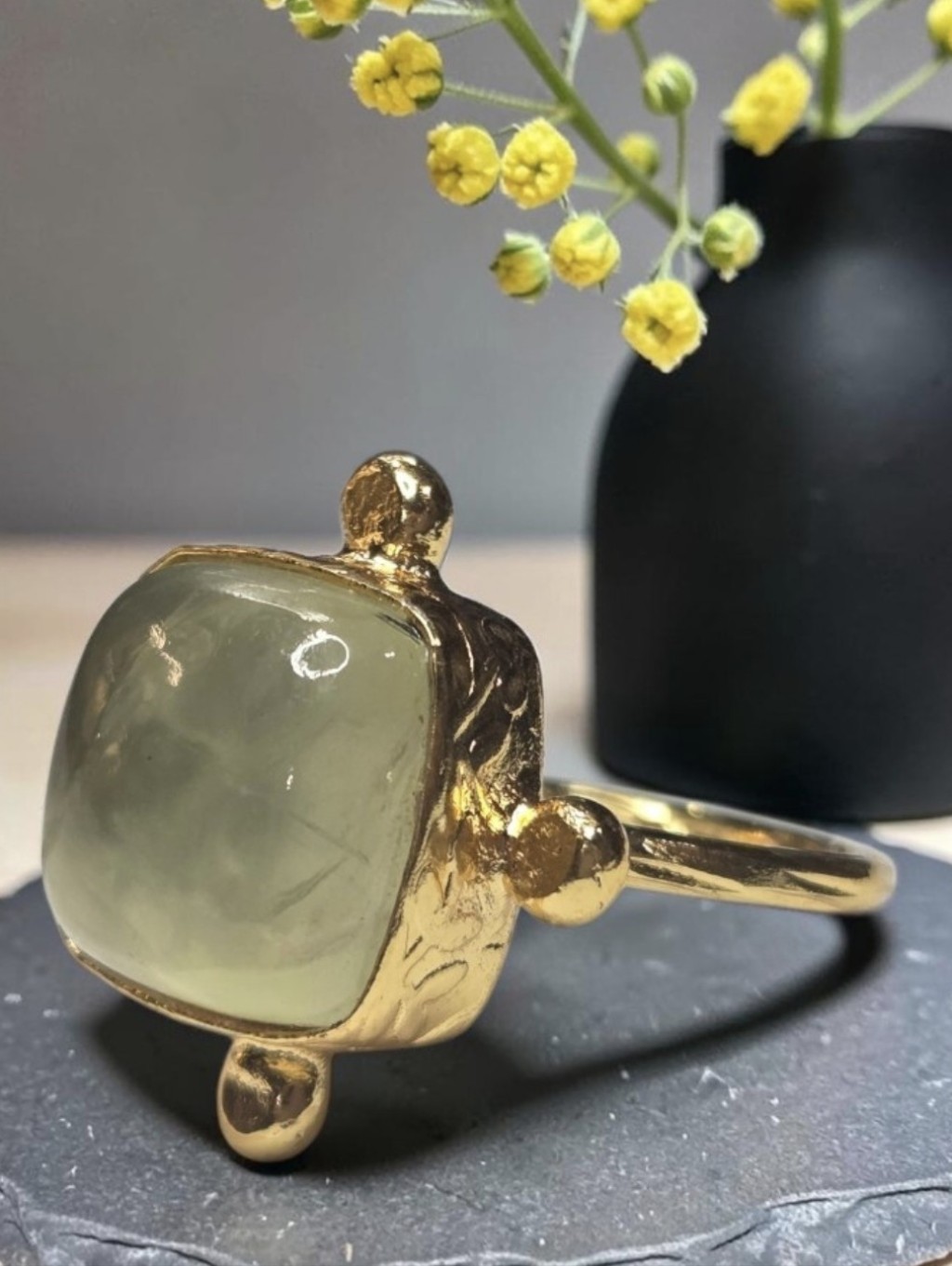 18k Gold Plated Artisan Designer Genuine Prehnite Crystal Stone Byzantine Ring